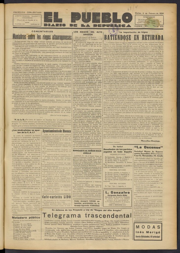 Miniatura de El Pueblo (Huesca. 1932) del 6 de febrero de 1934