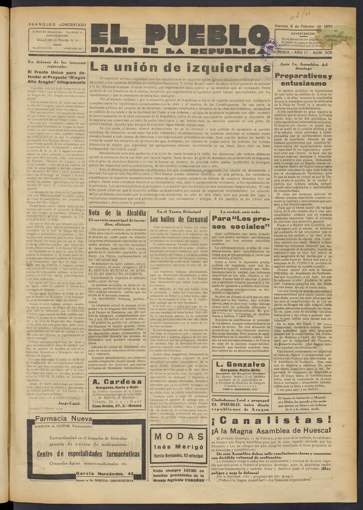 Miniatura de El Pueblo (Huesca. 1932) del 9 de febrero de 1934