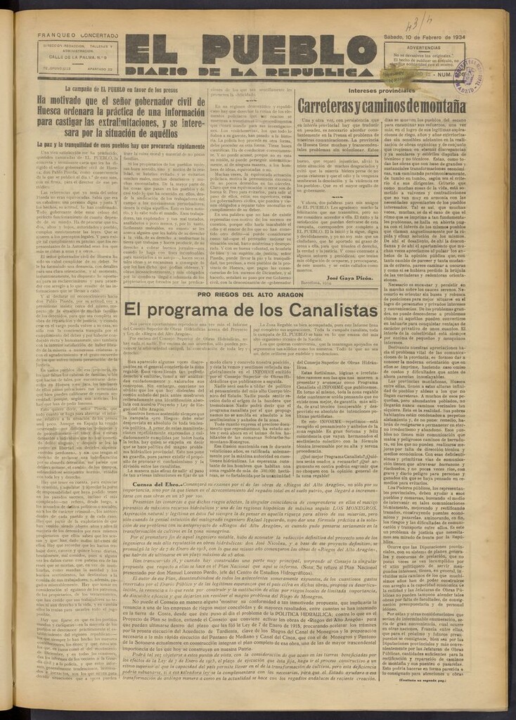 Miniatura de El Pueblo (Huesca. 1932) del 10 de febrero de 1934