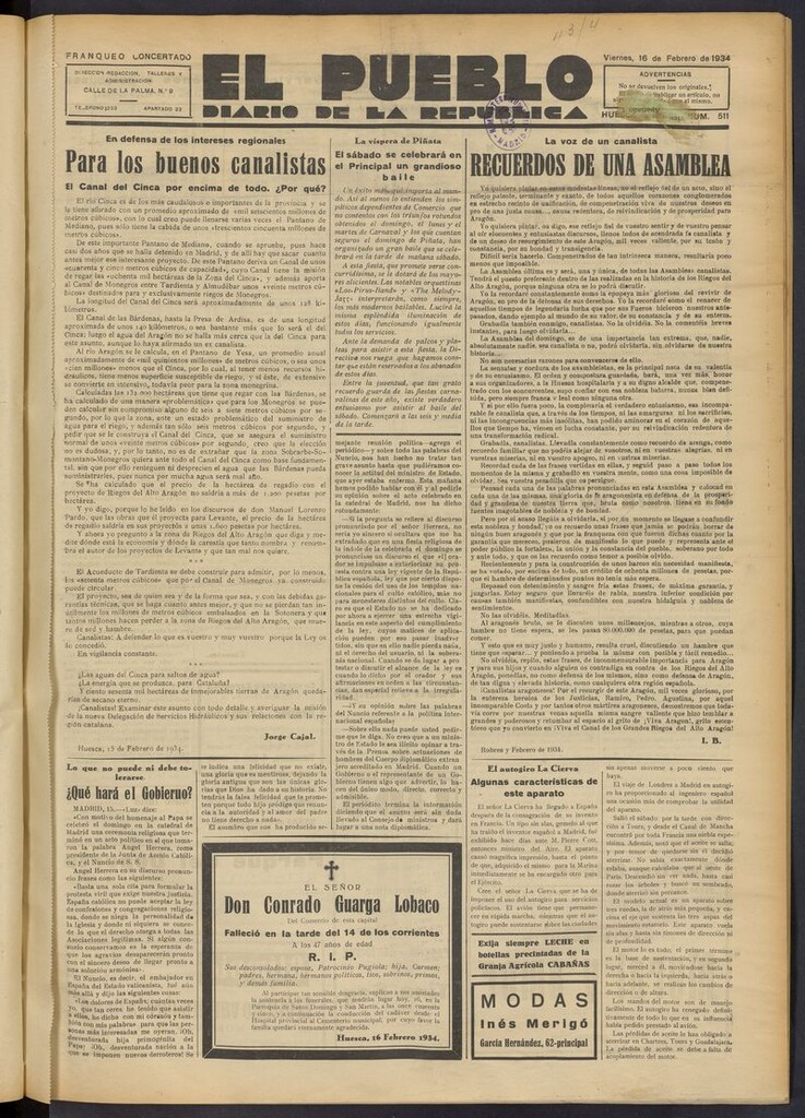 Miniatura de El Pueblo (Huesca. 1932) del 16 de febrero de 1934