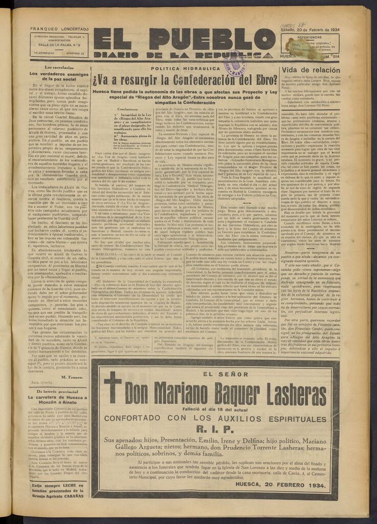 Miniatura de El Pueblo (Huesca. 1932) del 20 de febrero de 1934