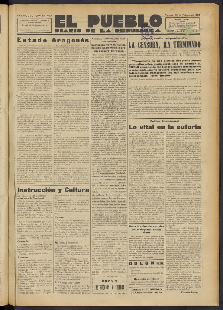 Miniatura de El Pueblo (Huesca. 1932) del 23 de febrero de 1934
