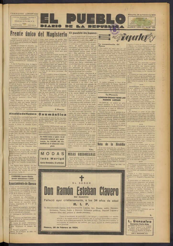 Miniatura de El Pueblo (Huesca. 1932) del 28 de febrero de 1934