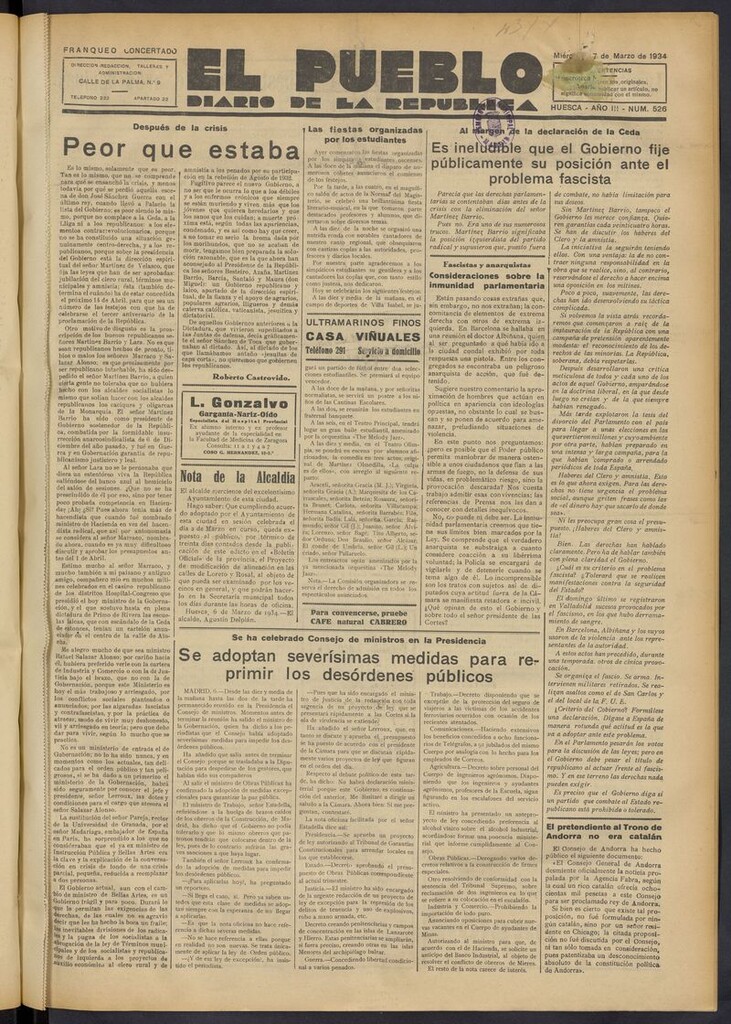 Miniatura de El Pueblo (Huesca. 1932) del 7 de marzo de 1934