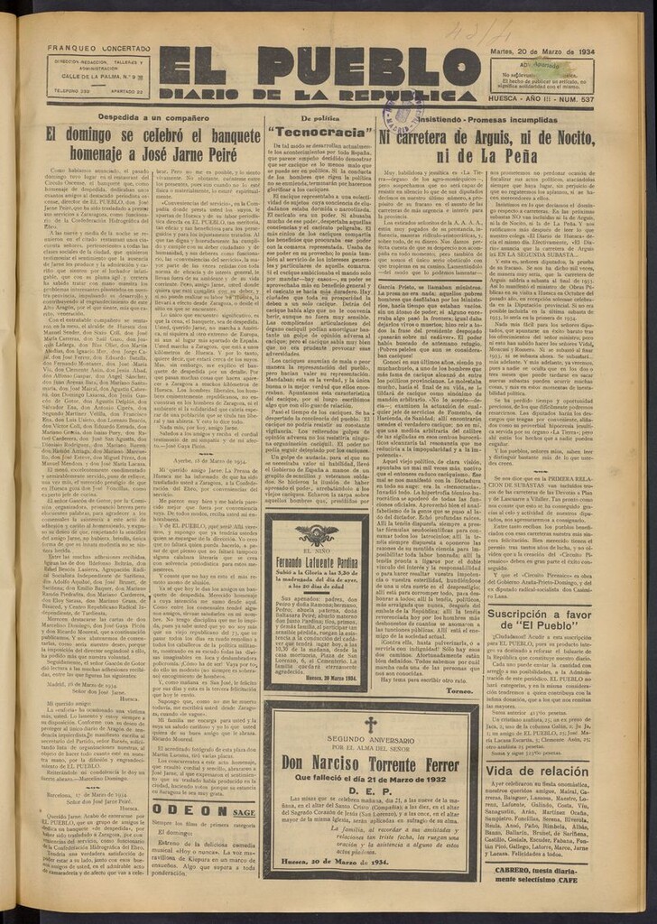 Miniatura de El Pueblo (Huesca. 1932) del 20 de marzo de 1934