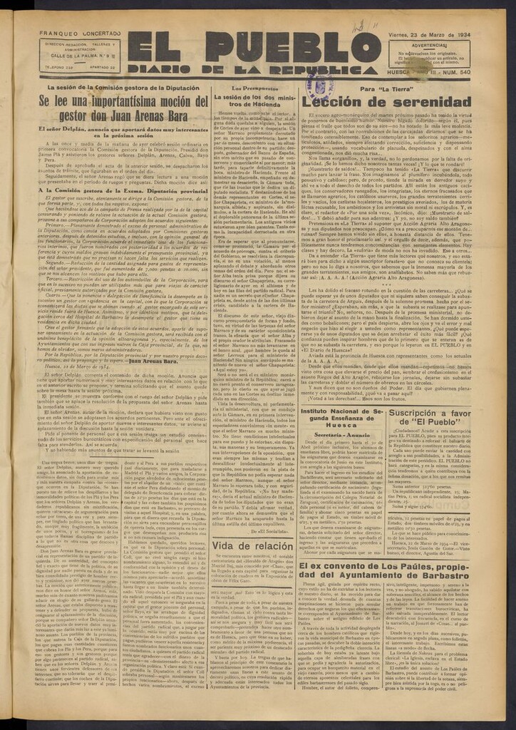Miniatura de El Pueblo (Huesca. 1932) del 23 de marzo de 1934