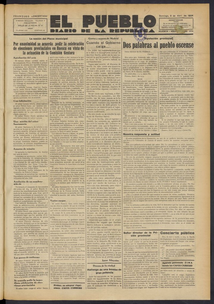 Miniatura de El Pueblo (Huesca. 1932) del 8 de abril de 1934