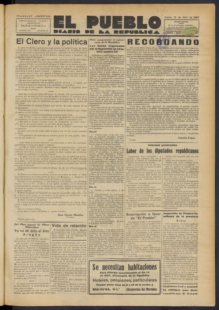Miniatura de El Pueblo (Huesca. 1932) del 12 de abril de 1934