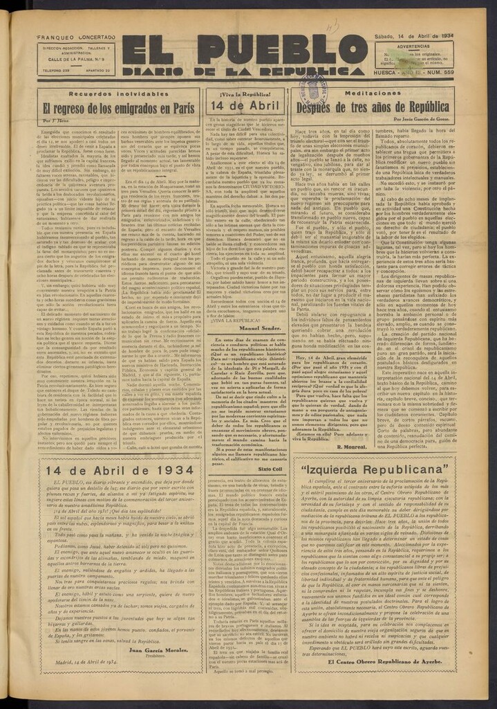 Miniatura de El Pueblo (Huesca. 1932) del 14 de abril de 1934