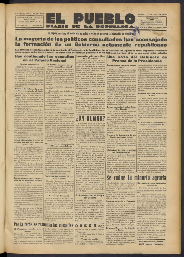 Miniatura de El Pueblo (Huesca. 1932) del 27 de abril de 1934