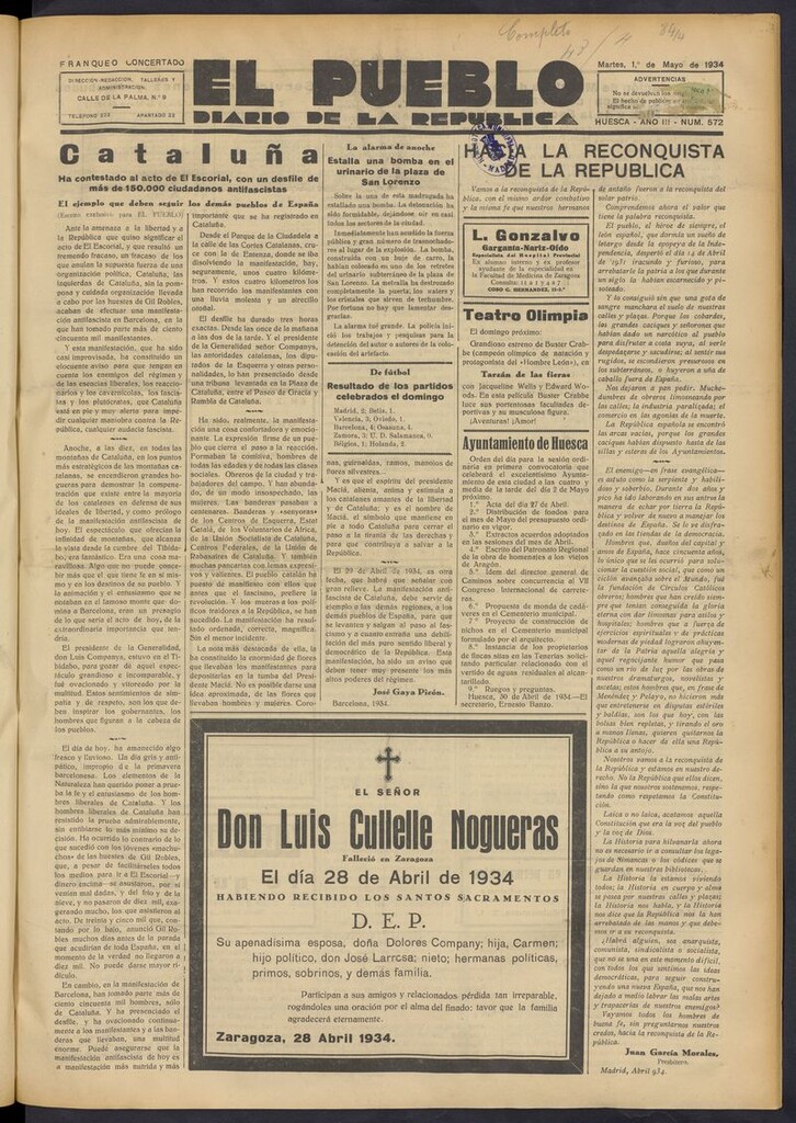 Miniatura de El Pueblo (Huesca. 1932) del 1 de mayo de 1934