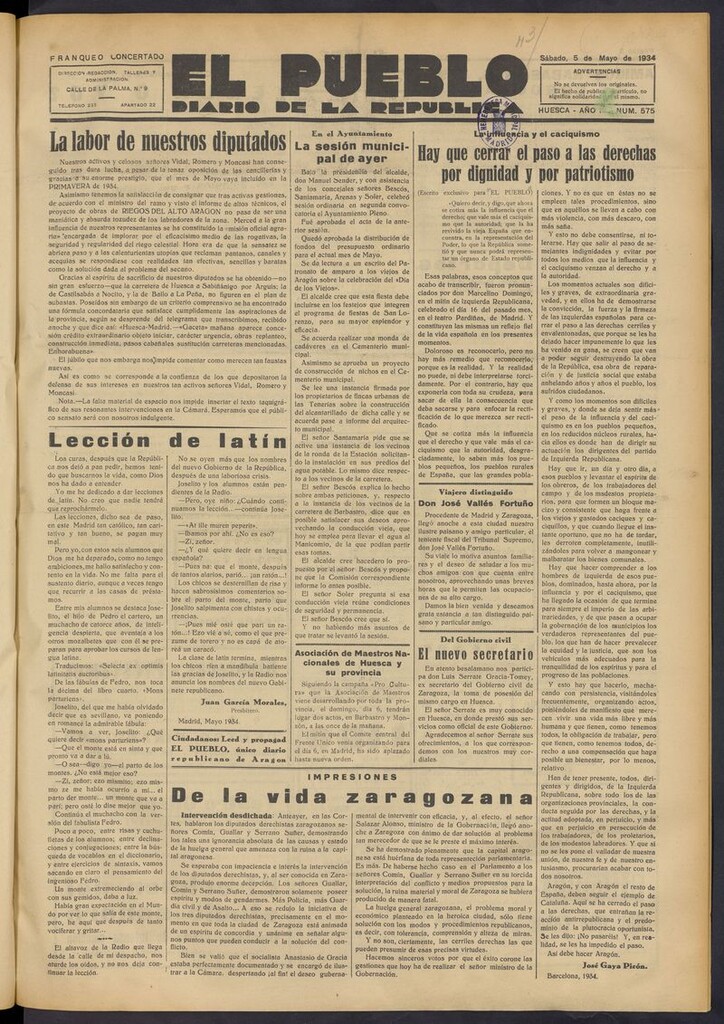 Miniatura de El Pueblo (Huesca. 1932) del 5 de mayo de 1934