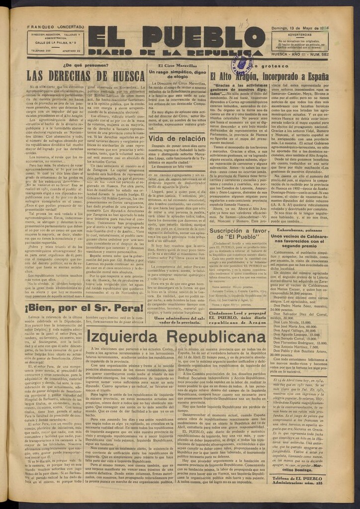 Miniatura de El Pueblo (Huesca. 1932) del 13 de mayo de 1934
