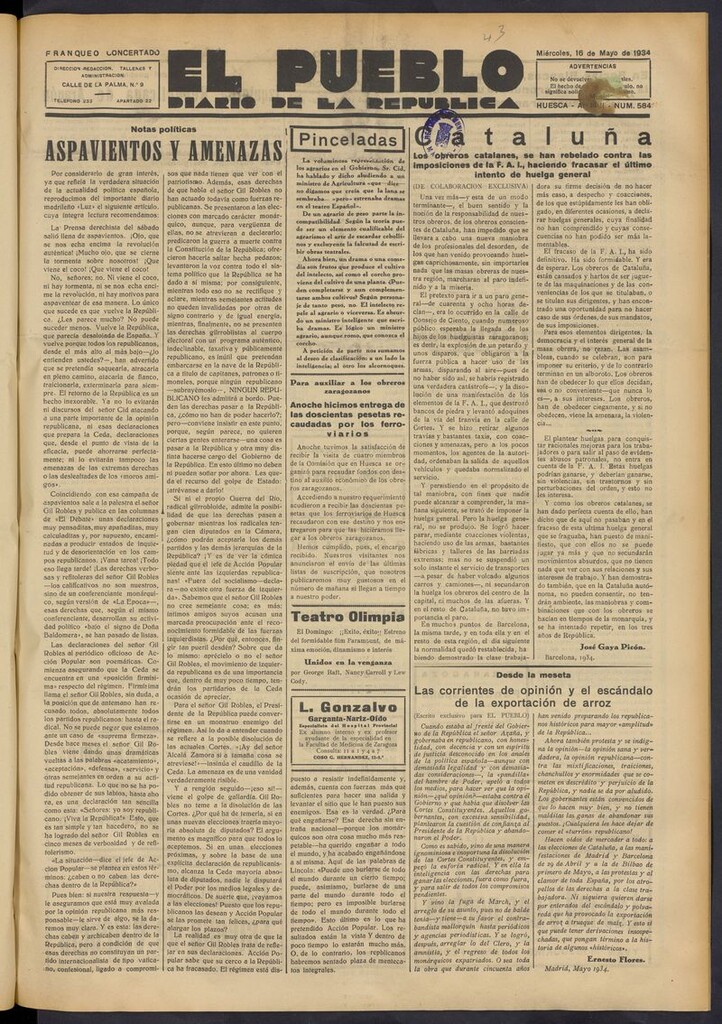 Miniatura de El Pueblo (Huesca. 1932) del 16 de mayo de 1934