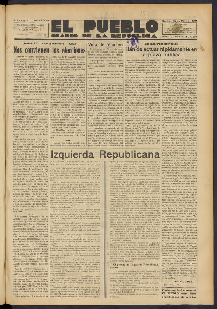 Miniatura de El Pueblo (Huesca. 1932) del 20 de mayo de 1934