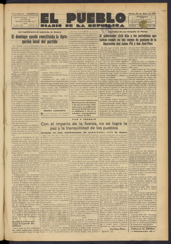 Miniatura de El Pueblo (Huesca. 1932) del 22 de mayo de 1934