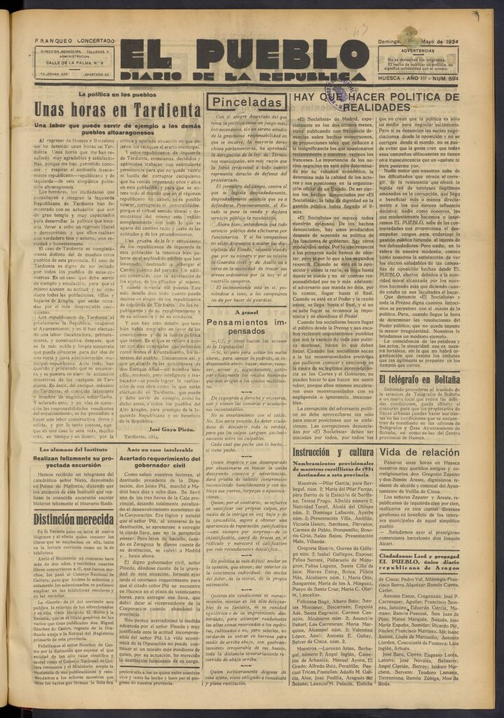 Miniatura de El Pueblo (Huesca. 1932) del 27 de mayo de 1934