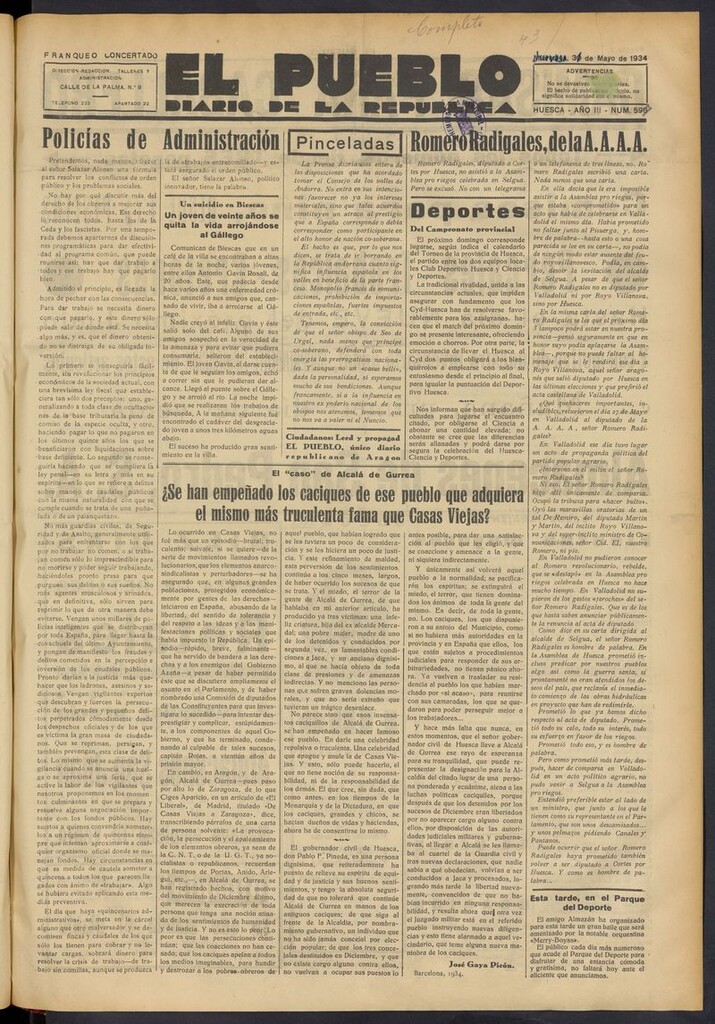 Miniatura de El Pueblo (Huesca. 1932) del 31 de mayo de 1934