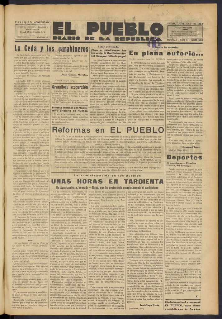 Miniatura de El Pueblo (Huesca. 1932) del 1 de junio de 1934