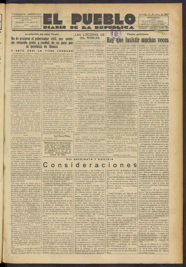 Miniatura de El Pueblo (Huesca. 1932) del 10 de junio de 1934