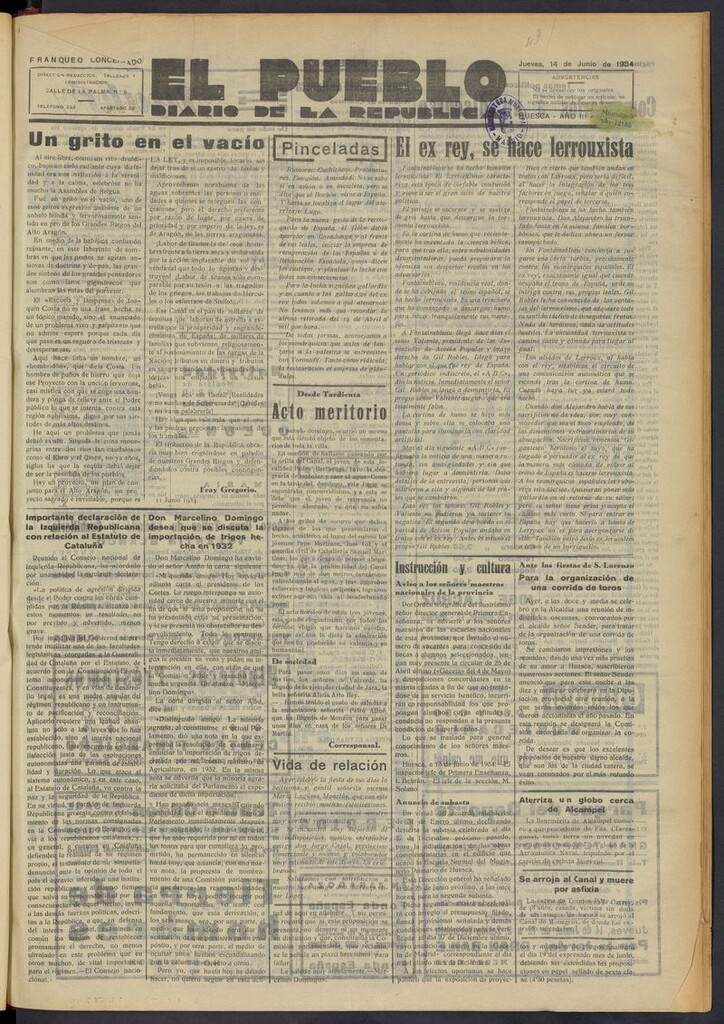Miniatura de El Pueblo (Huesca. 1932) del 14 de junio de 1934