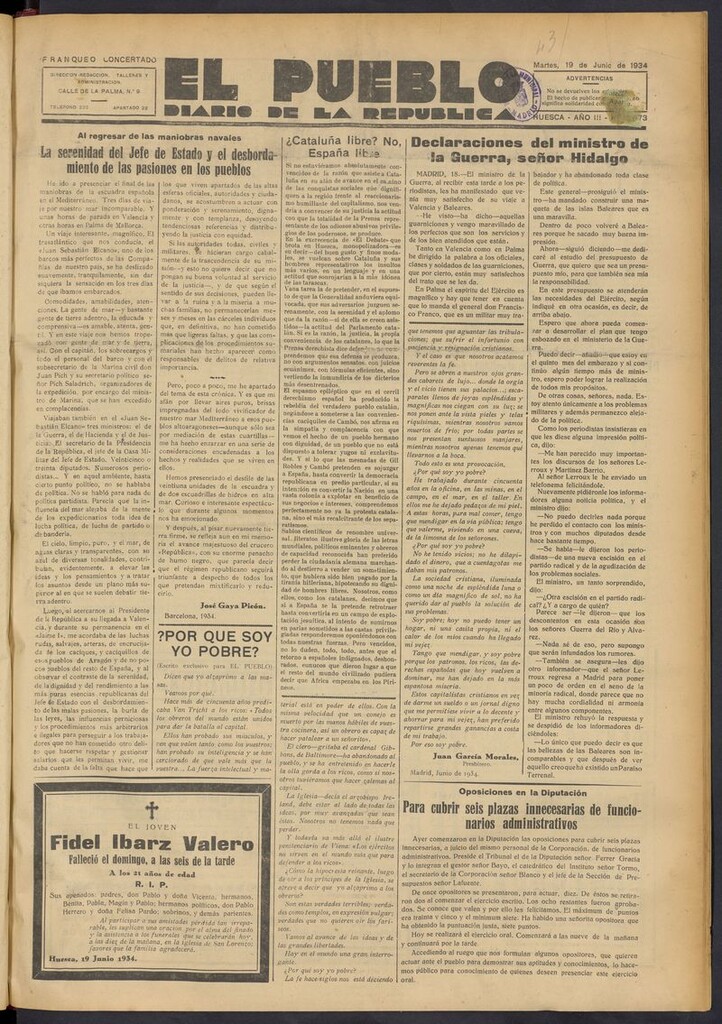 Miniatura de El Pueblo (Huesca. 1932) del 19 de junio de 1934