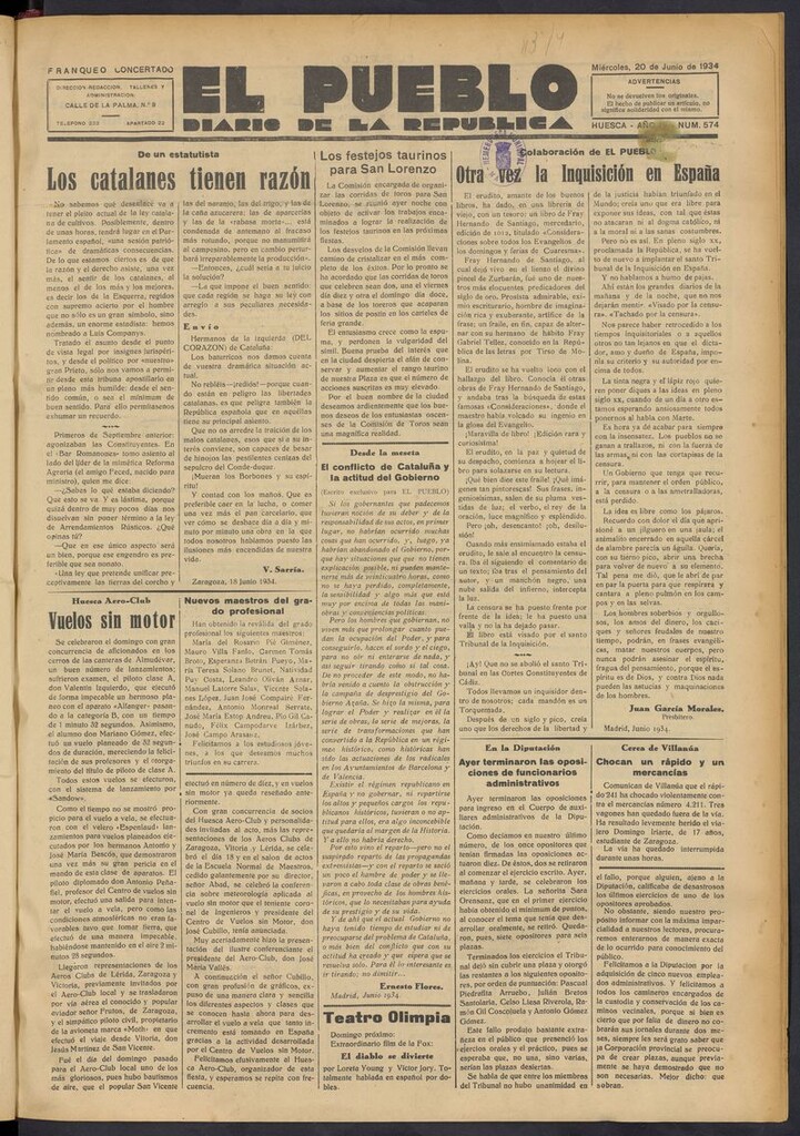 Miniatura de El Pueblo (Huesca. 1932) del 20 de junio de 1934