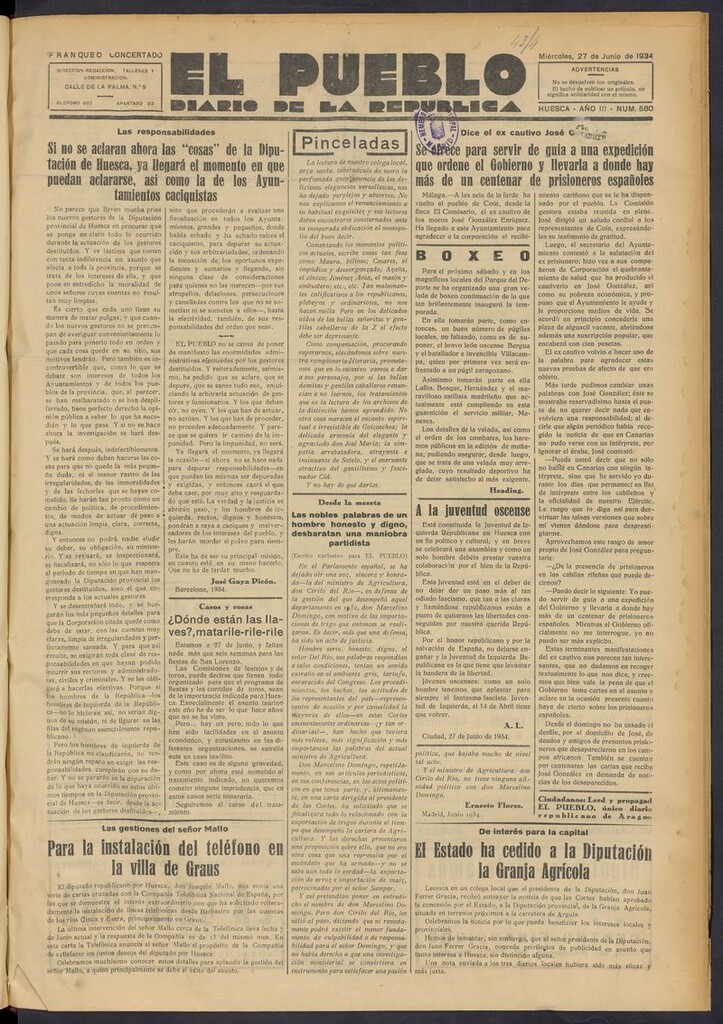 Miniatura de El Pueblo (Huesca. 1932) del 27 de junio de 1934