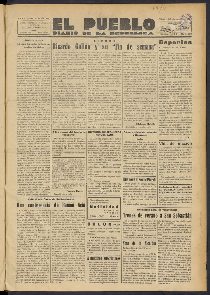 Miniatura de El Pueblo (Huesca. 1932) del 30 de junio de 1934