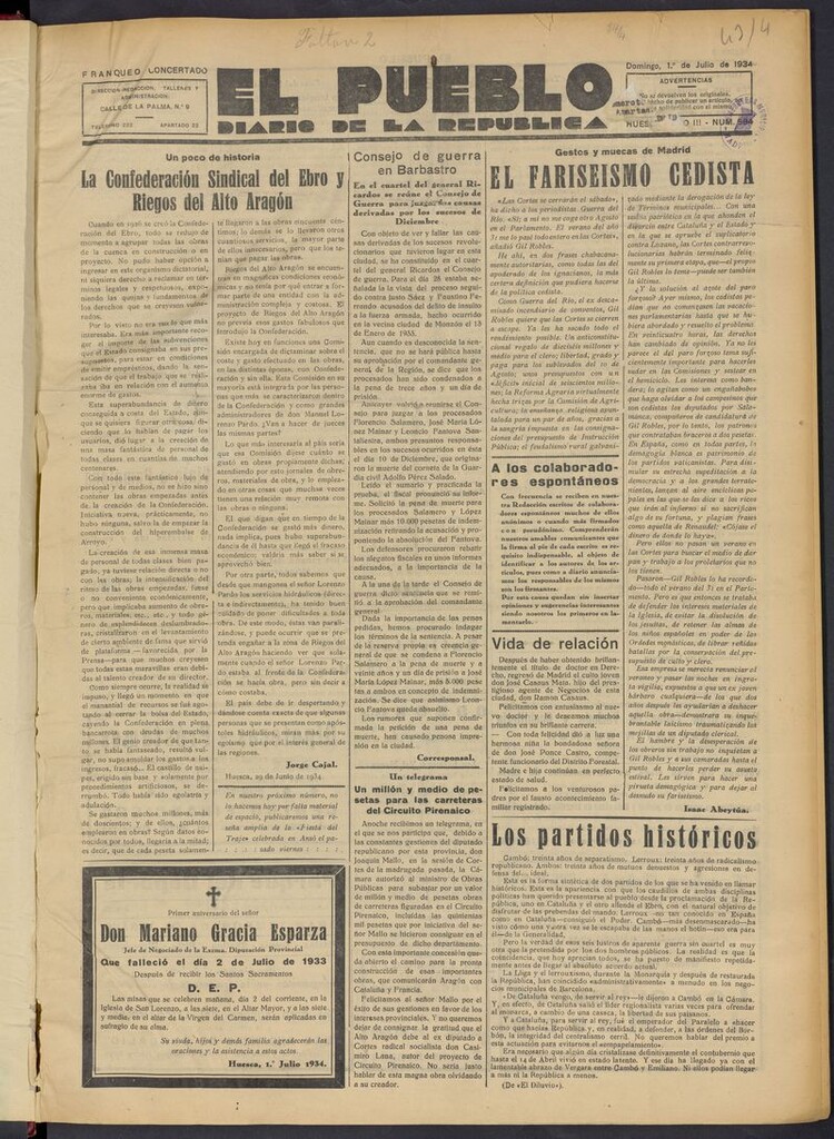 Miniatura de El Pueblo (Huesca. 1932) del 1 de julio de 1934