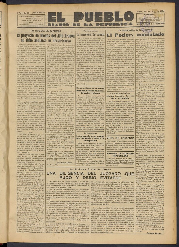 Miniatura de El Pueblo (Huesca. 1932) del 19 de julio de 1934