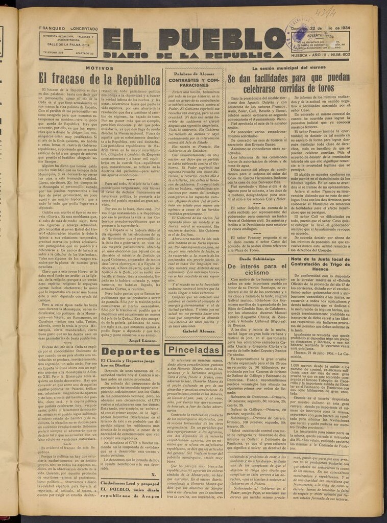 Miniatura de El Pueblo (Huesca. 1932) del 22 de julio de 1934