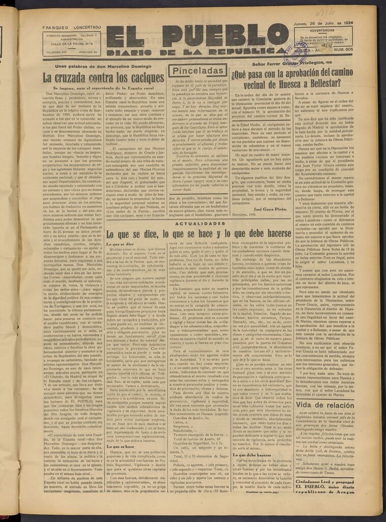Miniatura de El Pueblo (Huesca. 1932) del 26 de julio de 1934