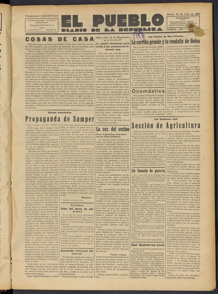 Miniatura de El Pueblo (Huesca. 1932) del 31 de julio de 1934