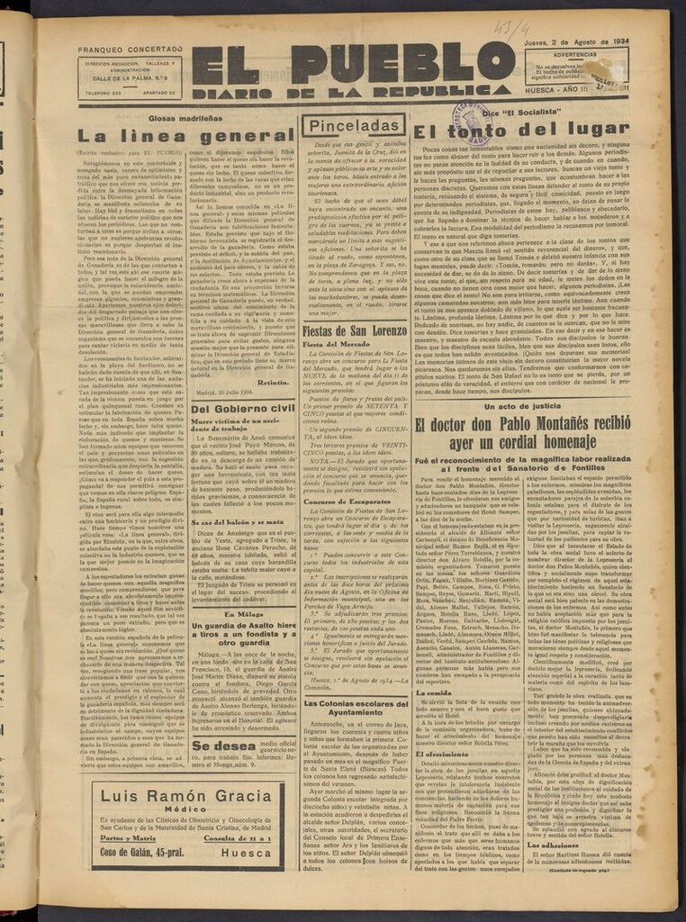 Miniatura de El Pueblo (Huesca. 1932) del 2 de agosto de 1934