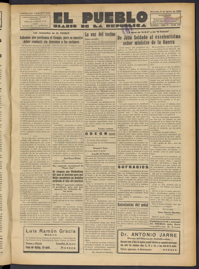 Miniatura de El Pueblo (Huesca. 1932) del 8 de agosto de 1934
