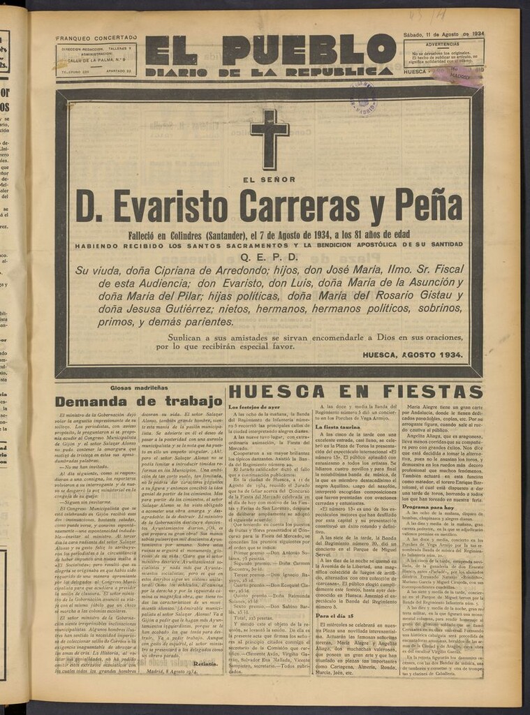 Miniatura de El Pueblo (Huesca. 1932) del 11 de agosto de 1934