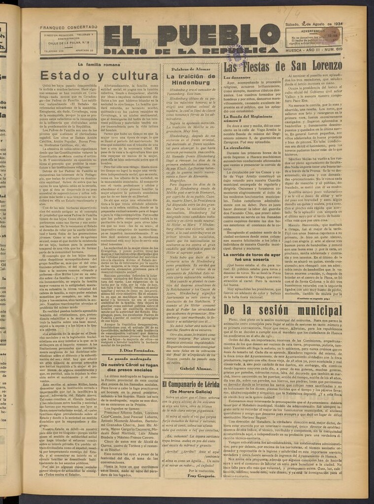 Miniatura de El Pueblo (Huesca. 1932) del 12 de agosto de 1934