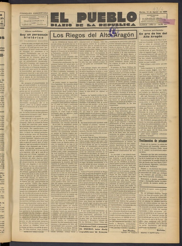 Miniatura de El Pueblo (Huesca. 1932) del 14 de agosto de 1934