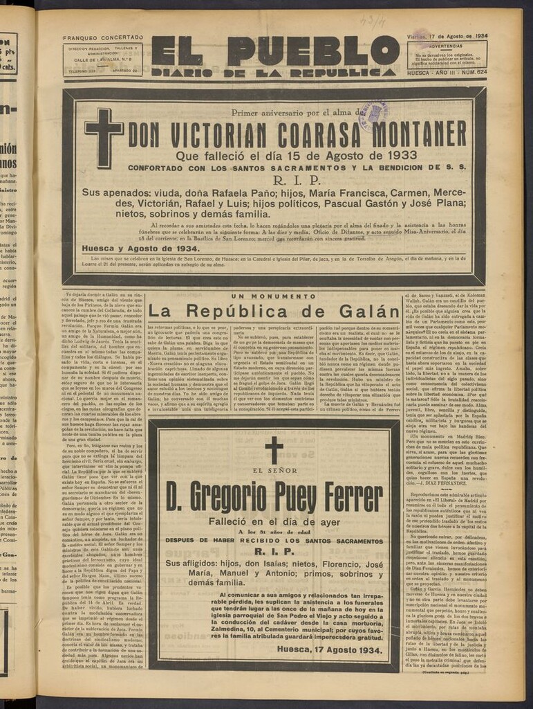 Miniatura de El Pueblo (Huesca. 1932) del 17 de agosto de 1934