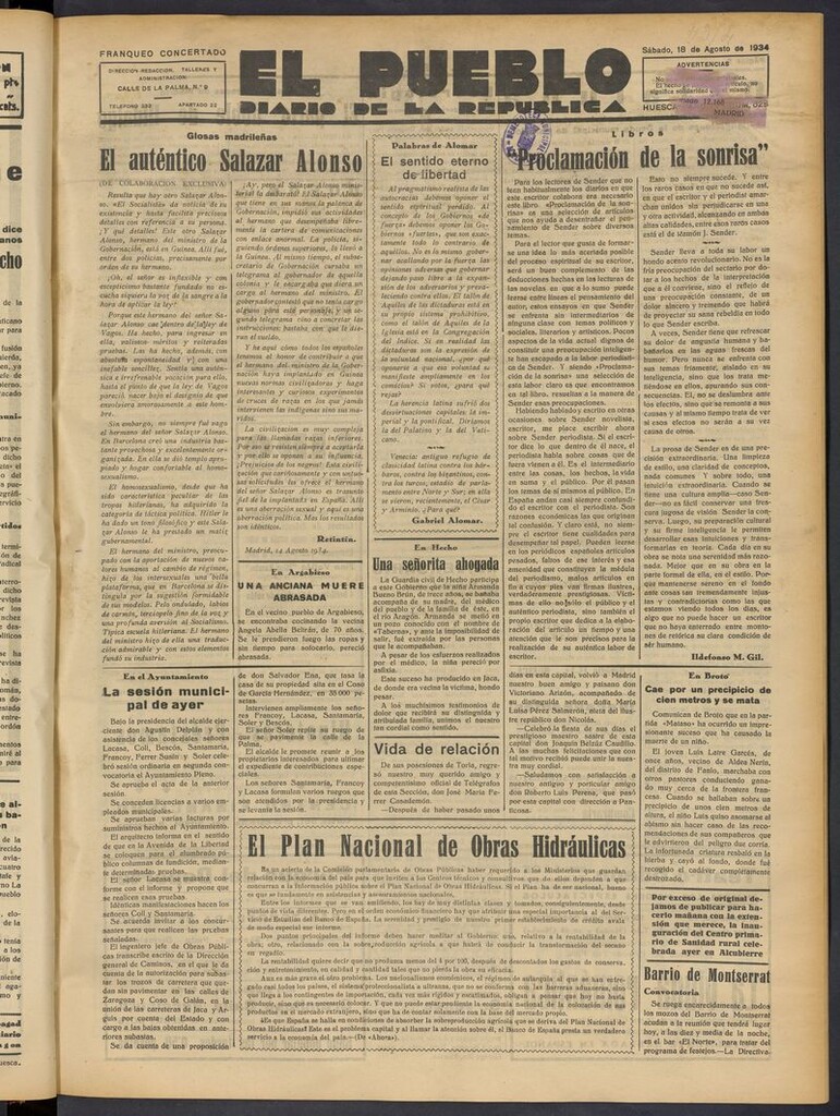 Miniatura de El Pueblo (Huesca. 1932) del 18 de agosto de 1934