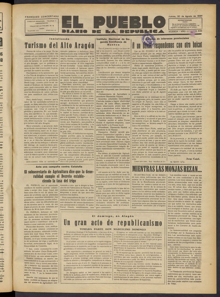 Miniatura de El Pueblo (Huesca. 1932) del 30 de agosto de 1934