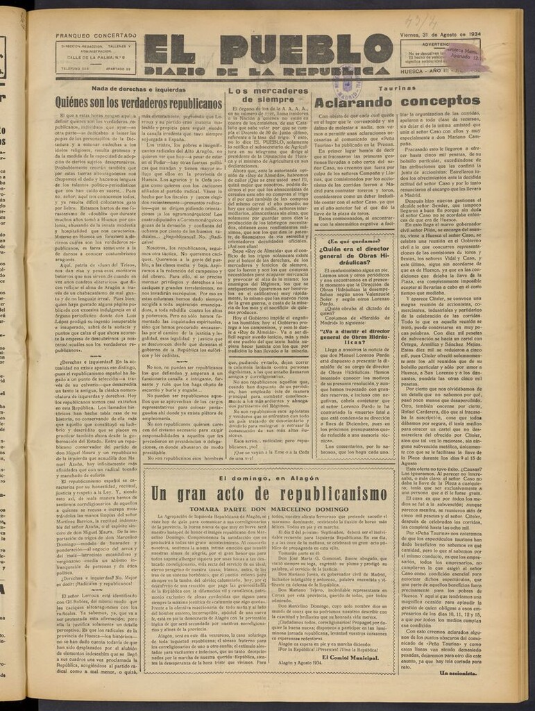 Miniatura de El Pueblo (Huesca. 1932) del 31 de agosto de 1934