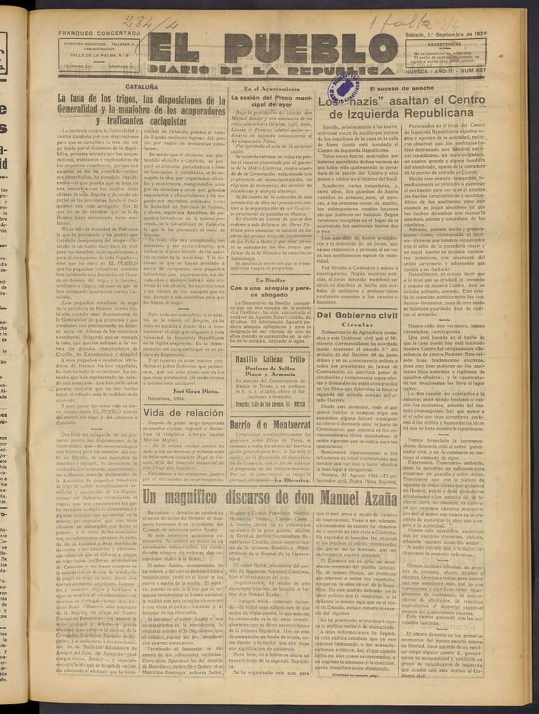 Miniatura de El Pueblo (Huesca. 1932) del 1 de septiembre de 1934