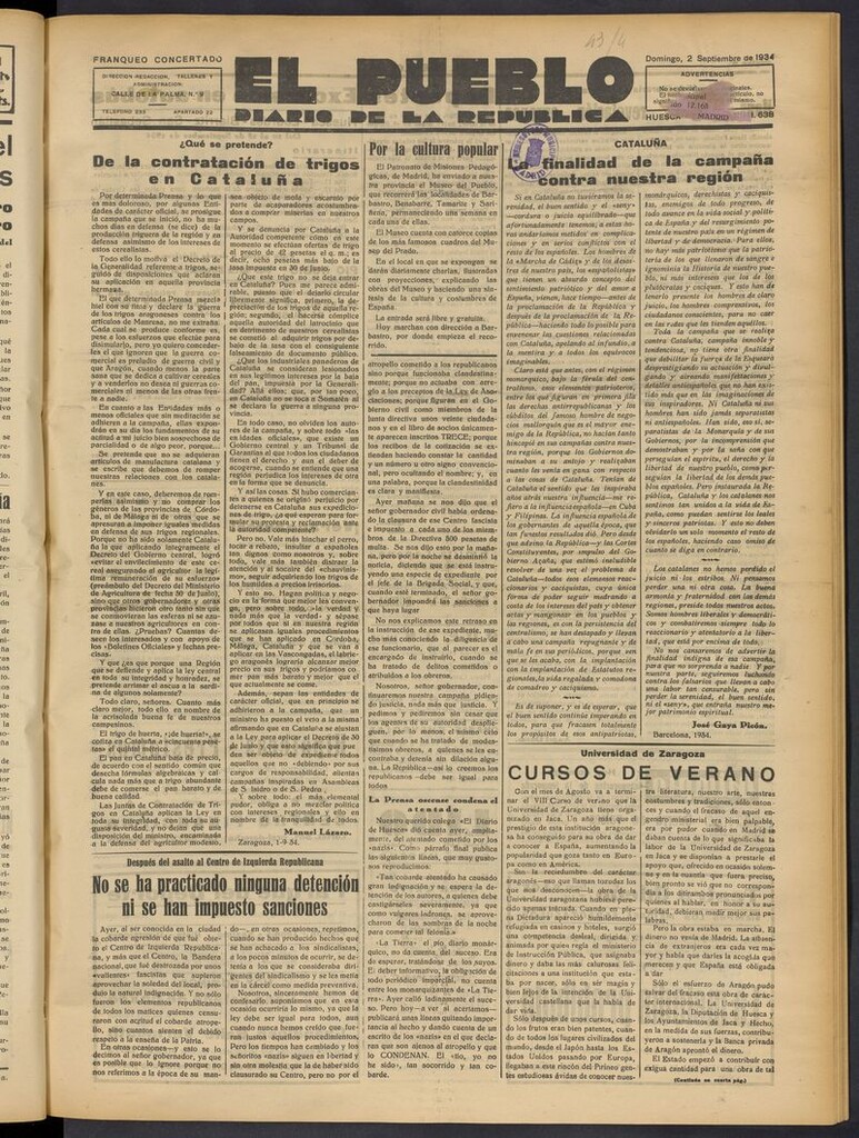 Miniatura de El Pueblo (Huesca. 1932) del 2 de septiembre de 1934