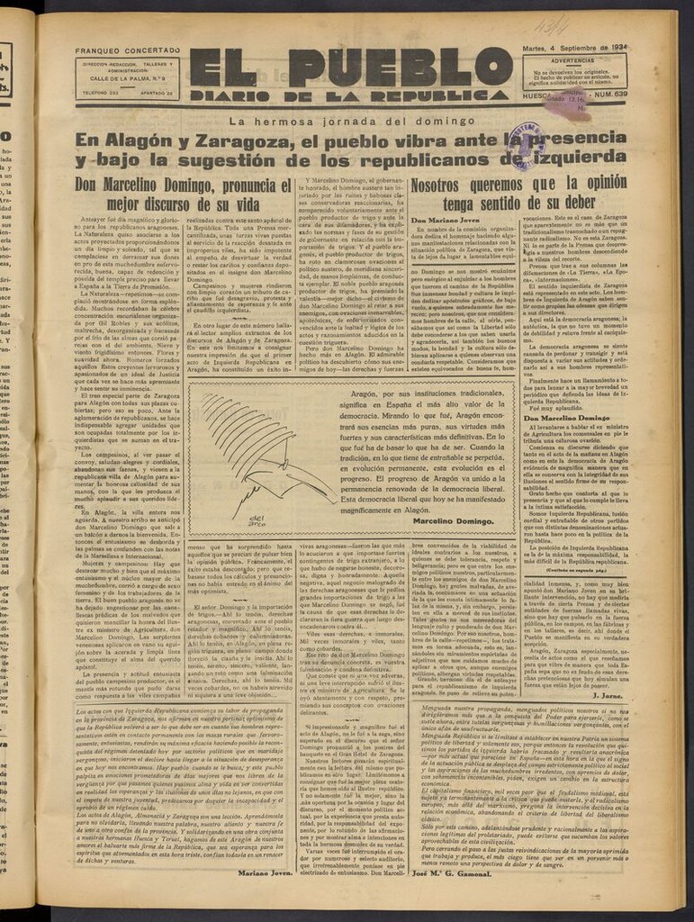 Miniatura de El Pueblo (Huesca. 1932) del 4 de septiembre de 1934
