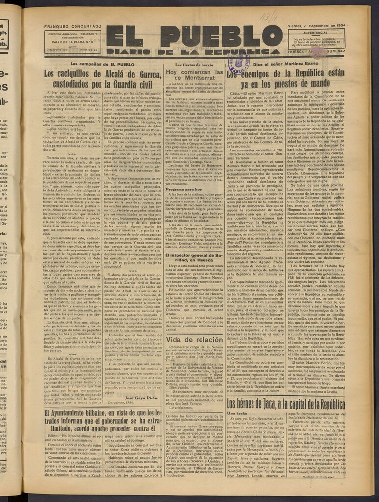 Miniatura de El Pueblo (Huesca. 1932) del 7 de septiembre de 1934