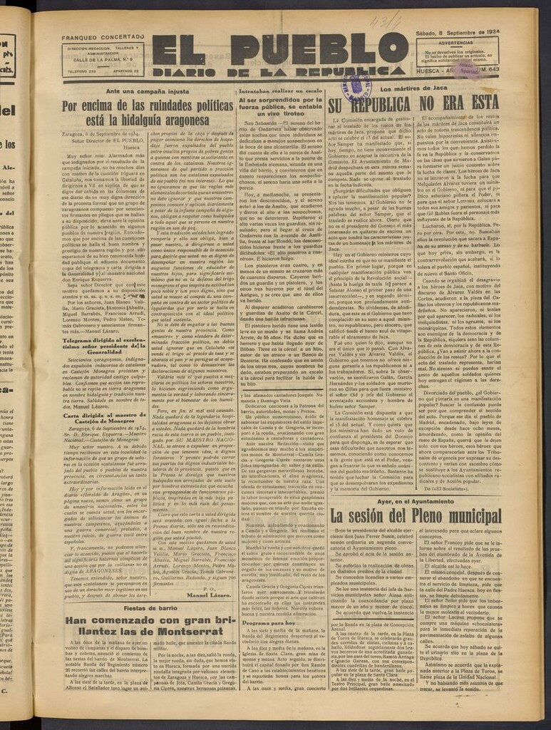 Miniatura de El Pueblo (Huesca. 1932) del 8 de septiembre de 1934