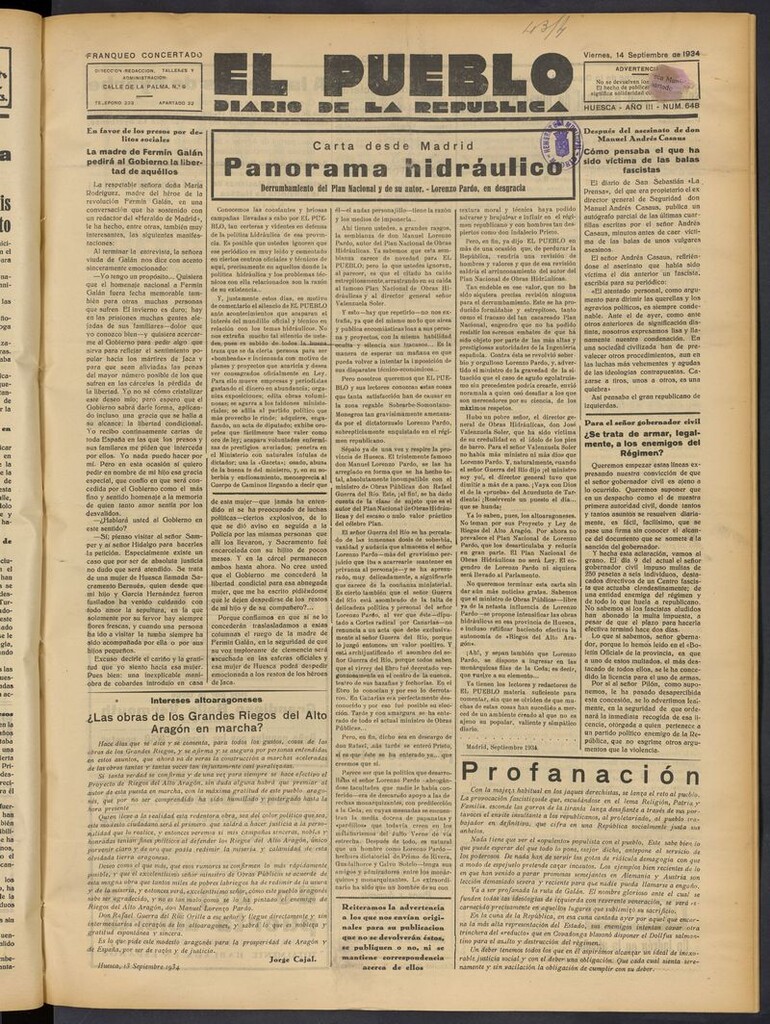 Miniatura de El Pueblo (Huesca. 1932) del 14 de septiembre de 1934