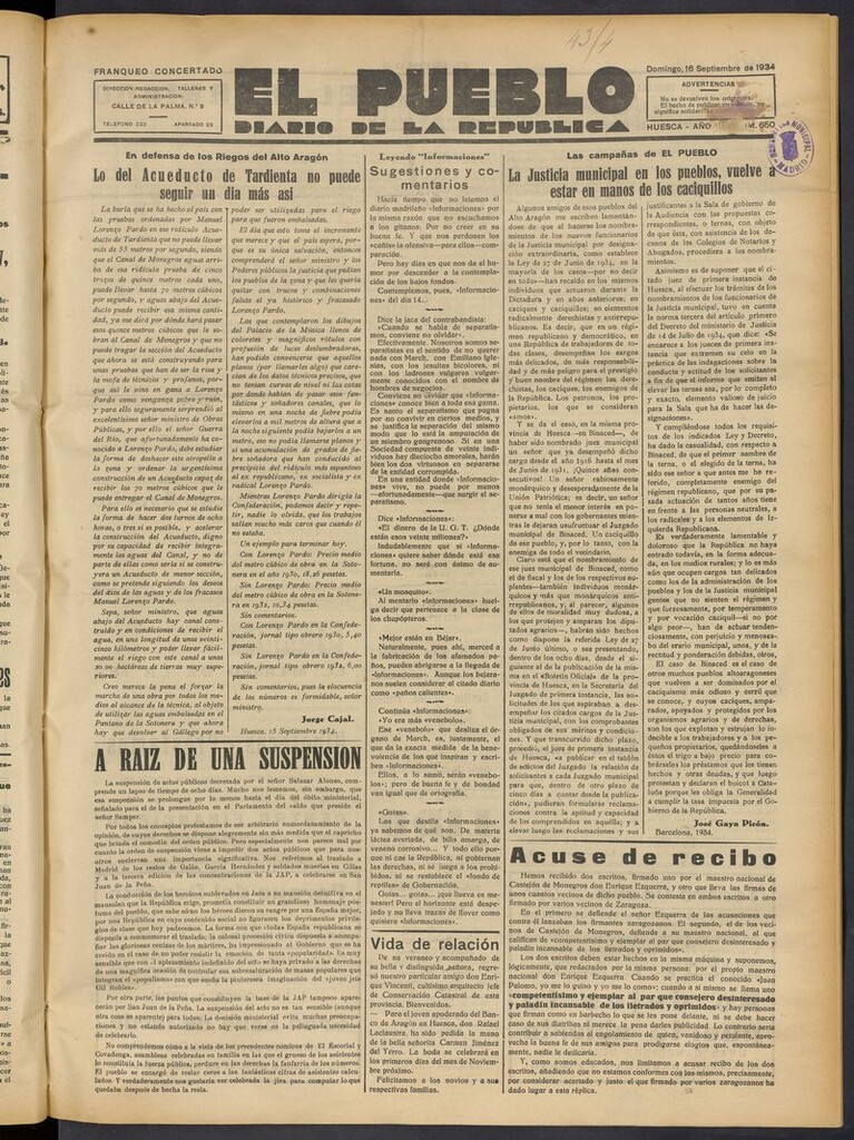 Miniatura de El Pueblo (Huesca. 1932) del 16 de septiembre de 1934